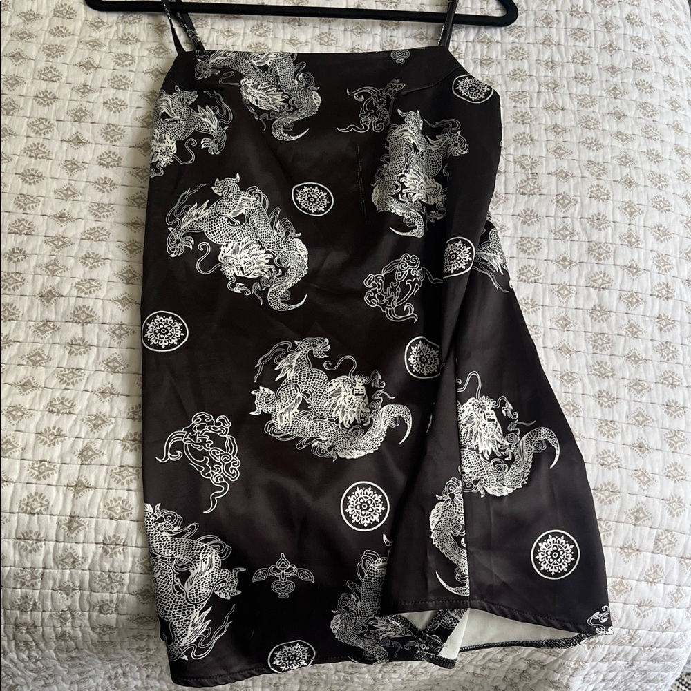Black Midi Dress with White Dragon Print